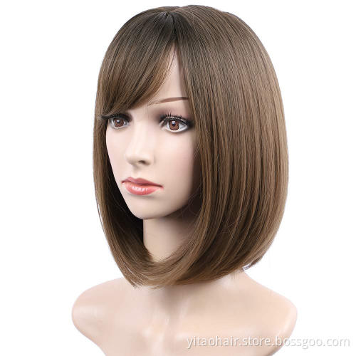 Anogol Cheap colorful  Synthetic hair Bob Wigs With Bangs  copper Brown   silk straight synthetic hair  wigs